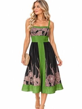 Hype by Anthropology Black and Green Floral Midi Dress size 2 100% Silk
